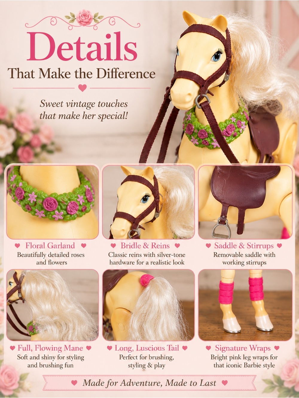Vintage Barbie Horse with Mane & Tail and Floral Garland , Saddle, and R… - Picture 3 of 16